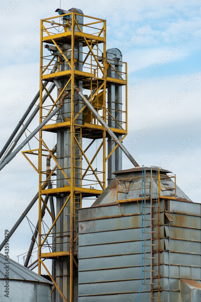 A agro-processing and manufacturing modern plant for the storage and processing of grain crops. view of the granary on a sunny day. silos on plant for processing and drying. Granary elevator A agro-processing and manufacturing modern plant for the storage and processing of grain crops. view of the granary on a sunny day. silos on plant for processing and drying. Granary elevator