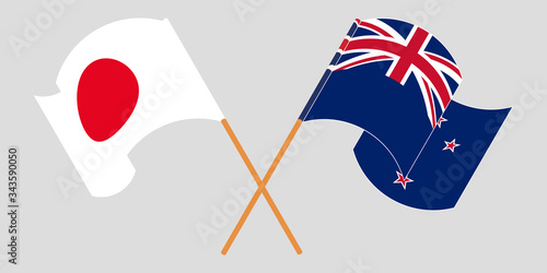 Crossed and waving flags of New Zealand and Japan