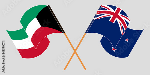 Crossed and waving flags of New Zealand and Kuwait