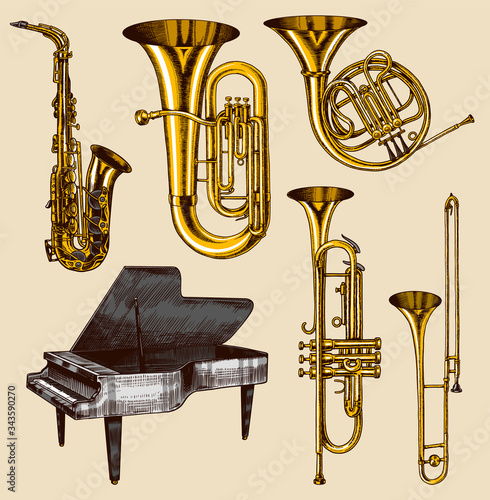Jazz classical wind instruments set. Musical Trombone Trumpet Flute French horn Saxophone. Hand drawn monochrome engraved vintage sketch.