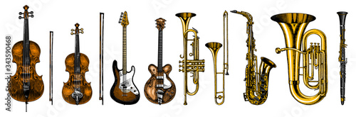 Jazz classical wind instruments set. Musical Trombone Trumpet Flute Bass guitar Semi-acoustic French horn Saxophone Cello Tuba Violin. Hand drawn monochrome engraved vintage sketch.