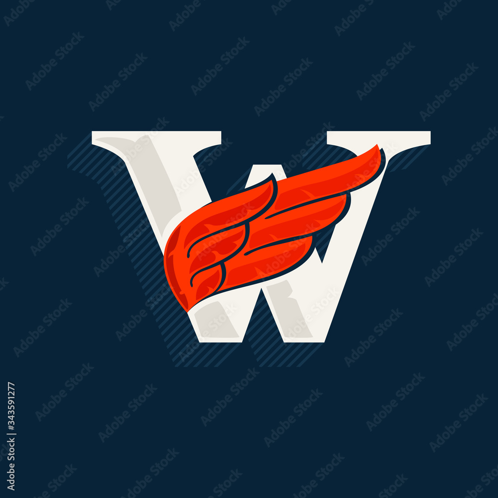 Letter W logo with red wing. Classic serif font with shadow made of ...