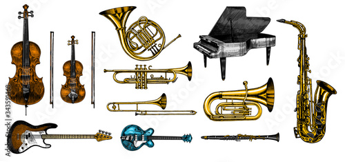 Jazz classical wind instruments set. Musical Trombone Trumpet Flute Bass guitar Semi-acoustic French horn Saxophone Cello Tuba Violin Piano. Hand drawn monochrome engraved vintage sketch.