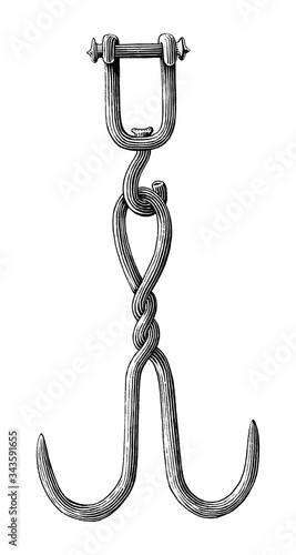 Vintage hanging hook hand drawing engraving illustration black and white clip art isolated on white background