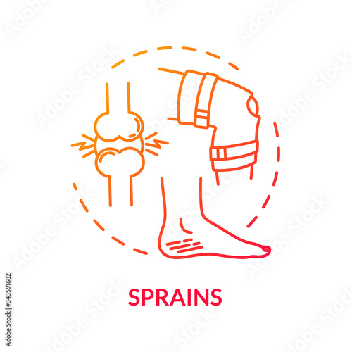 Leg sprains concept icon. Traumatism, muscles injury scheme. Tendon trauma, limb inflammation, healthcare idea thin line illustration. Vector isolated outline RGB color drawing.