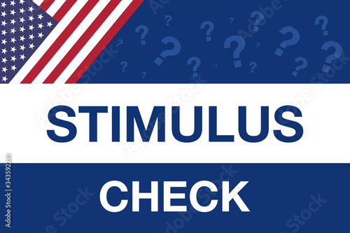 words stimulus check with question marks in background and american flag