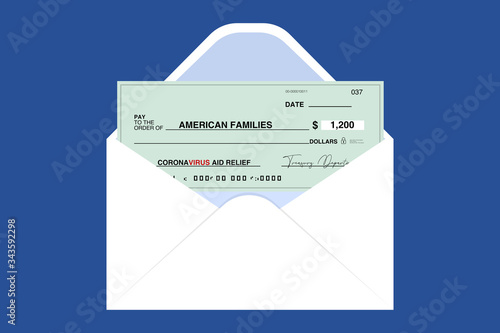 conceptual stimulus check coming out of white envelope