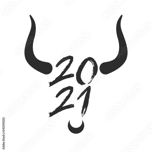 handwritten inscription new year 2021 with the horns of a bull. brush and ink inscription on a white background. holiday element for calendars, cards and posters. flat vector illustration isolated