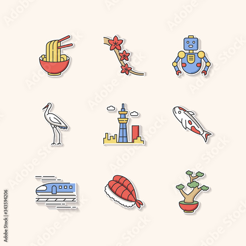 Japan printable patches. Ramen dish, asian food. Sakura tree. Crane bird. City tower. Koi fish. Japanese attributes RGB color stickers, pins and badges set. Vector isolated illustrations.