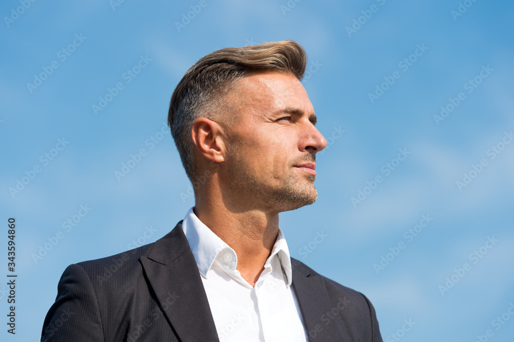 Lost in thoughts. Cognitive process. Intellectual work. Man stylish  hairstyle. Male face. Businessman concept. Attractive mature man. Mature  man grey hair and bristle outdoors. Predict developments Stock Photo |  Adobe Stock
