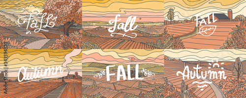 Rural Mountain landscapes. Farm fields set. Agriculture and Vineyard. Green hill and meadow, country background for banner or web. Vector illustration. Panorama view. Hand draw engrave vintage sketch