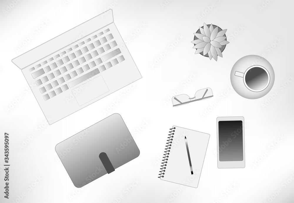 Black and white vector illustration of a desktop with a laptop phone tablet and other items Black and white vector illustration of a desktop with a laptop phone tablet and other items