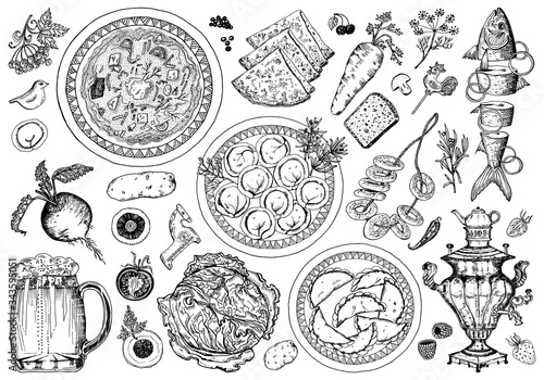 Traditional Russian food set. Dumplings and borscht in a plate and seasoning. Moscow cuisine. Samovar and pancakes, sliced fish. Hand drawn sketch. Top view. Engraved monochrome vector illustration.
