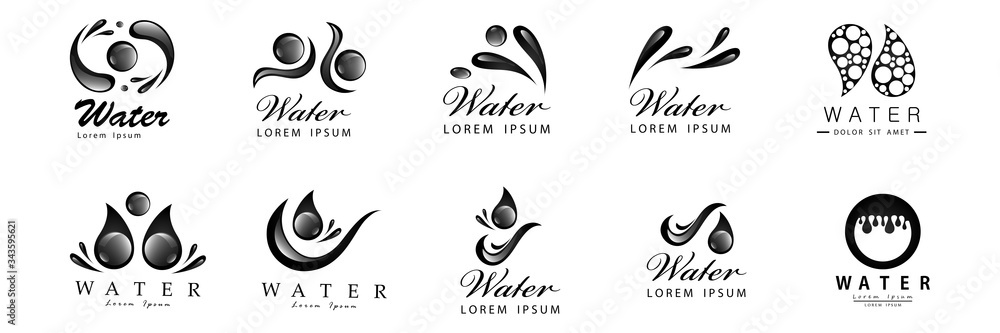 Fototapeta premium Water Splash Vector And Drop Set - Isolated On White Background. Vector Collection Of Flat Water Splash and Oil Drop Logo. Icons For Droplet, Water Wave, Rain, Raindrop, Company Logo And Bubble Design