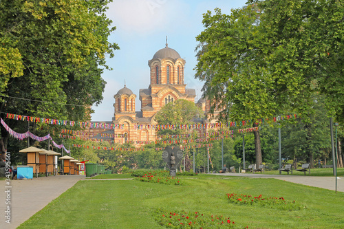 View of St. Mark Church from Tasmajdan Park. Belgrade, Serbia.