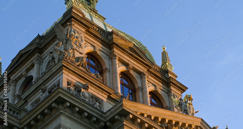 National museum in Prague with glass dome, sunset