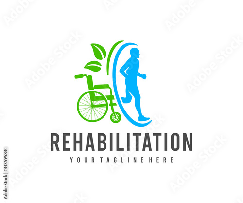 Injury rehabilitation, wheelchair and healthy person, logo design. Medical, healthcare and traumatology, vector design and illustration