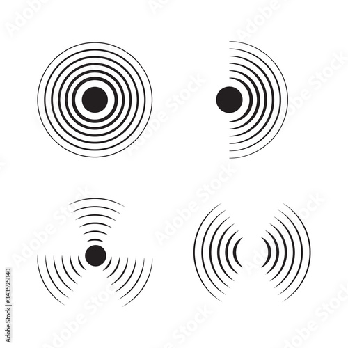 Sonar signal wave vector icon. Round pulse, sonic frequency. Graphic energy, radial pulse sign on isolated background. Black simple target circle. Radar icon. Abstract loud sound simbol.