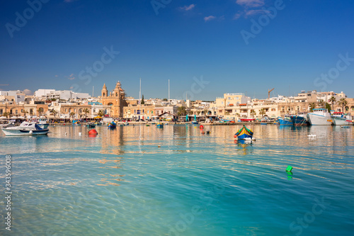Blue lagoon at the Mediterranean Village of Marsaxlokk, Malta