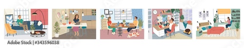 Remote work from home. Home quarantine. Freelancers women and men at home. Vector drawing