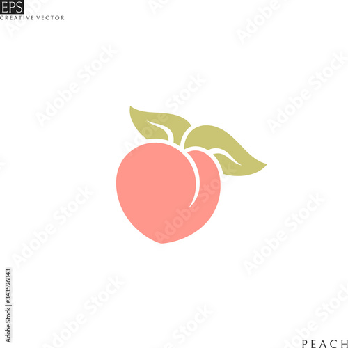 Fresh peach. Logo. Japanese white peach with leaves 