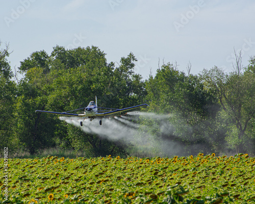 avión fumigando con agro-químicos campo de girasoles  una tarde de verano en el centro de Argentina