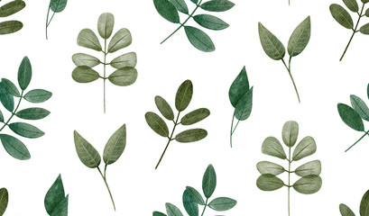 Sierkussen Aquarel bladerprint patronen Watercolor green leaves pattern. Woodland botanical seamless eco ornament on white background.  © Ann_ka