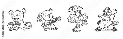 Owl. Funny little bird coloring book set