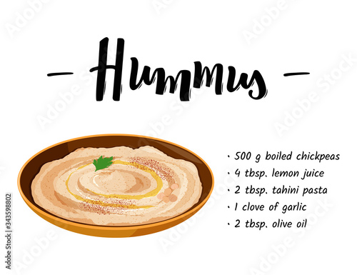 National dish of Jewish cuisine Hummus in ceramic bowl. Realistic vector illustration with hand lettering title. Recipe template.