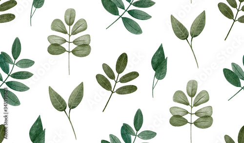 Watercolor green leaves pattern. Woodland botanical seamless eco ornament on white background.