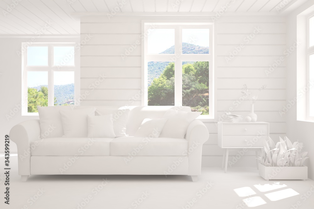 White living room with sofa and summer landscape in window. Scandinavian interior design. 3D illustration White living room with sofa and summer landscape in window. Scandinavian interior design. 3D illustration