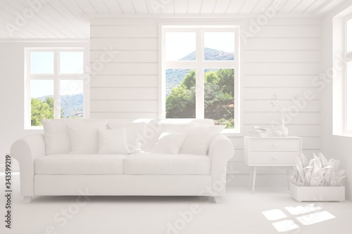 White living room with sofa and summer landscape in window. Scandinavian interior design. 3D illustration