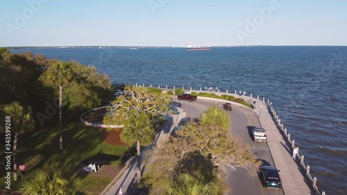 4k Aerial of Charleston South Carolina at Sunrise. Aerial flying over city of in the morning. Urban historic costal town at sunrise. Luxury wealthy town. City of churches. perspective of downtown