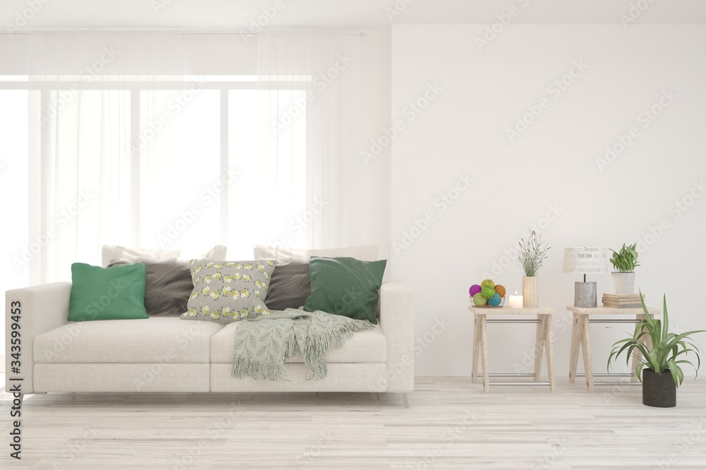 White living room with sofa. Scandinavian interior design. 3D illustration White living room with sofa. Scandinavian interior design. 3D illustration