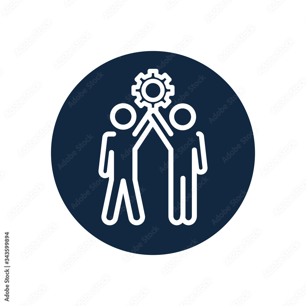 pictorgam men standing and holding up a gear wheel icon, line block style pictorgam men standing and holding up a gear wheel icon, line block style
