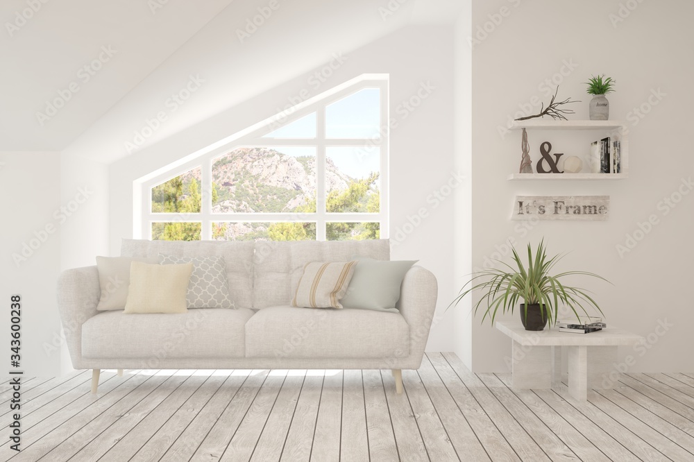 Fototapeta premium White living room with sofa. Scandinavian interior design. 3D illustration