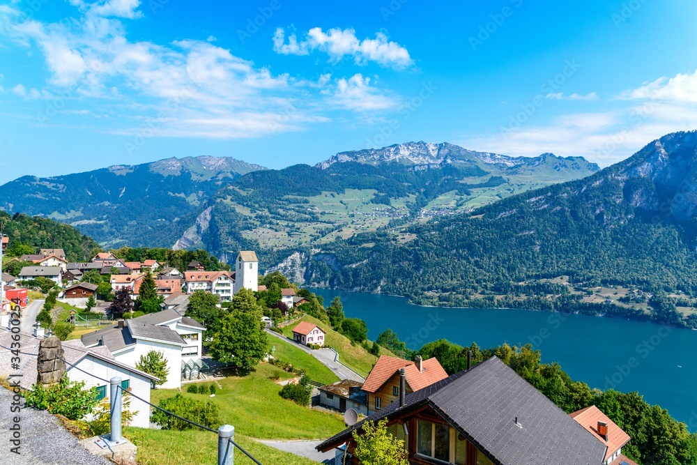 Panoramic view on Walensee (Lake Walen), Amden, Beltis from Obstalden. Canton St. Galen, Glarus, Switzerland