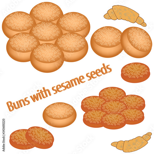Buns with sesame. Fresh and sweet buns for tea. Bakery products, pastries. Vector illustration, isolated on white background.