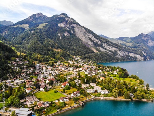 Aerial view on Walensee (Lake Walen) in Weesen, nearby Beltis, Amden. Canton St. Galen, Glarus, Switzerland photo