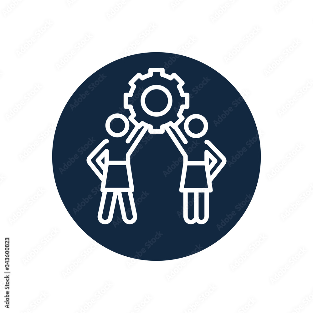 pictogram women holding up a gear icon, line block style pictogram women holding up a gear icon, line block style
