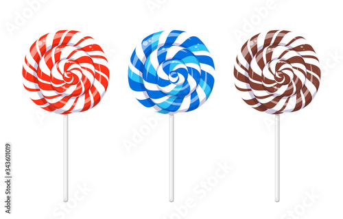 Christmas lollipop with red spirals, blue twisted sucker candy on stick. Vector cartoon set of round candies with striped swirls. Chocolate hard sugar caramel, lollypop isolated on white background