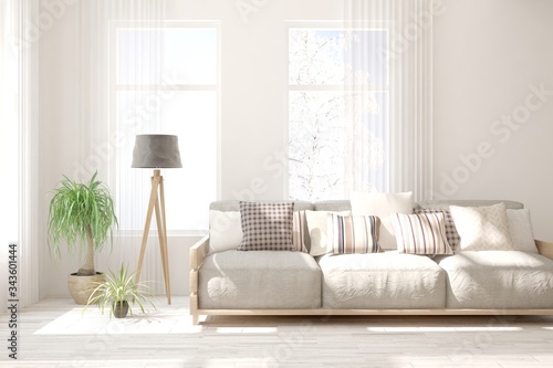 White living room with sofa. Scandinavian interior design. 3D illustration