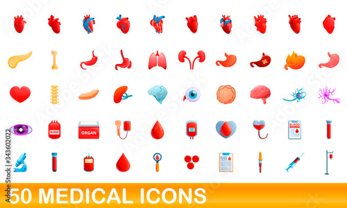 50 medical icons set. Cartoon illustration of 50 medical icons vector set isolated on white background