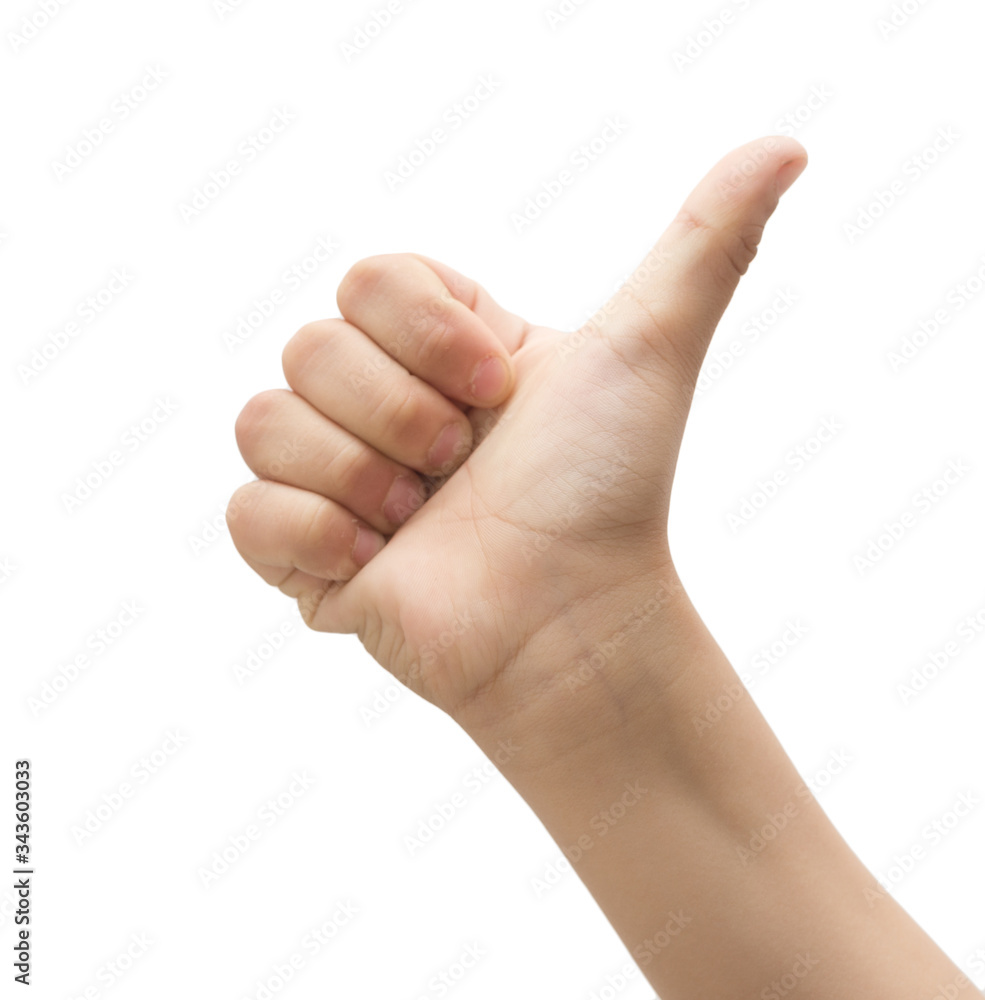Close up of male hand showing thumbs up sign on white background Close up of male hand showing thumbs up sign on white background