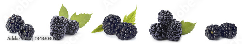 Set of ripe blackberries on white background. Banner design