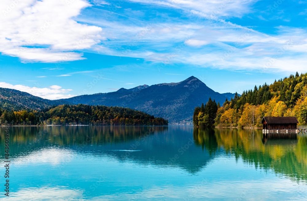 Walchensee. with alps mountains. Bavaria, Germany