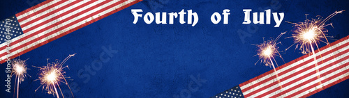 Fourth of July (Independence Day) background banner panorama - American flag and sparkler firework isolated on blue texture