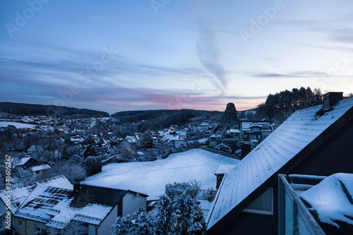 White winter in a beautiful German town of Lindlar. View over the rooftops with snow