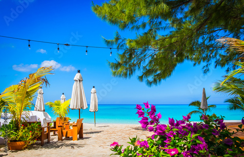 Small palm trees, flowers and closed parasol on a empty Seven Mile Beach during confinement, Cayman Islands	
 photo