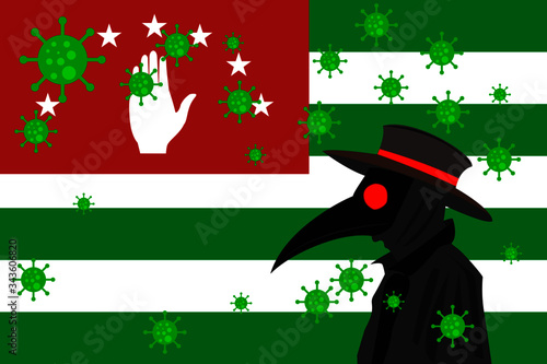 Black plague doctor surrounded by viruses with copy space with ABKHAZIA flag.